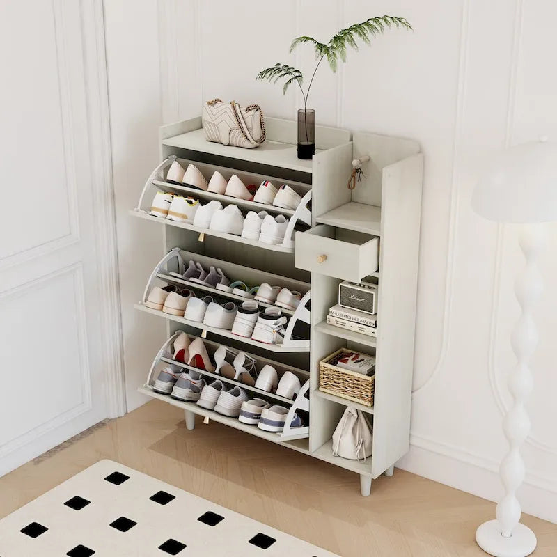 Meuble à Chaussures, Meuble Range-Chaussures avec 3 Tiroirs Basculants en Rotin, 3 Étagères Carrées et 1 Tiroir de Rangement